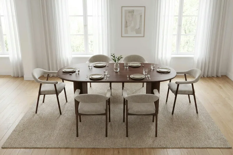 Noira Matgrupp 220 cm rektangulärt i Valnöt med 6 Ronja Matstolar - Sand/Valnöt - Möbler - Matplats - Matgrupp & matbord med stolar