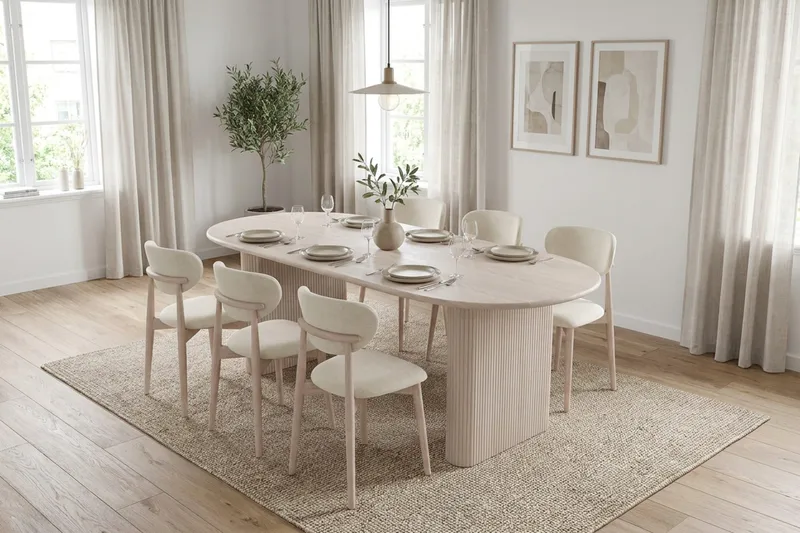 Noira Matgrupp förlängningsbart 160-220 cm Vitlaserad med 6 Molly Matstolar - Vitlaserad - Möbler - Matplats - Matgrupp & matbord med stolar