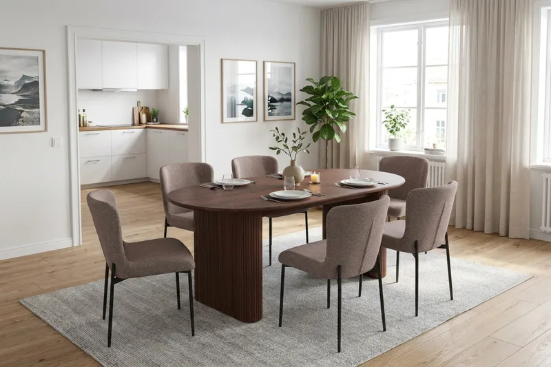 Noira Matgrupp rektangulärt 180 cm Valnöt med 6 Elsie Matstolar - Valnöt/Grå - Möbler - Matplats - Matgrupp & matbord med stolar