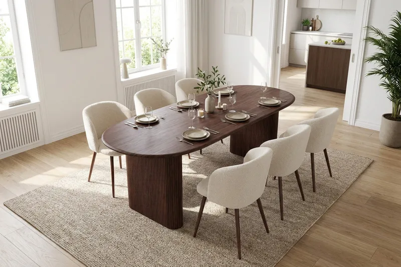Noira Matgrupp rektangulärt 220 cm Valnöt med 6 Greya Matstolar - Valnöt/Vit - Möbler - Matplats - Matgrupp & matbord med stolar