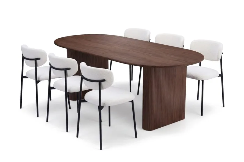 Noira Matgrupp rektangulärt 220 cm Valnöt med 6 Lucy Matstolar, Valnöt/Vit