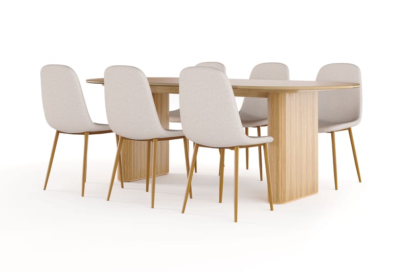 Noira Ovalt Matbord 220 cm EK +  6 st Nibe stol beige med ek ben, Natur/Beige