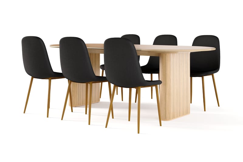 Noira Ovalt Matbord 220 cm EK +  6 st Nibe stol svart med ek ben, Natur/Svart