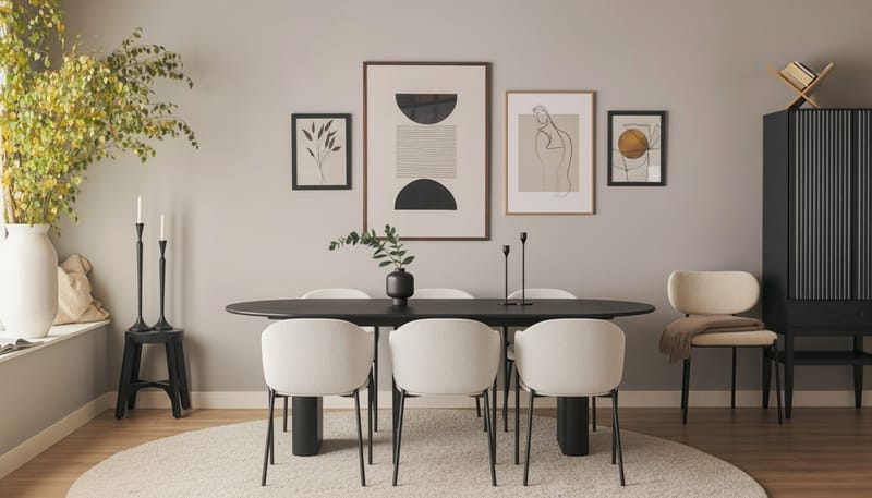 Noira Ovalt Matbord 220 cm med 6 Filip Matstolar - Svart / Vit Bouclé - Möbler - Matplats - Matgrupp & matbord med stolar