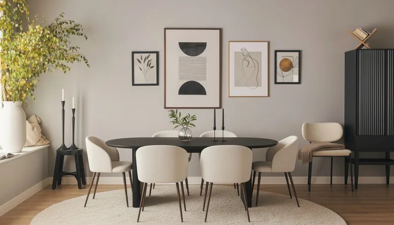 Noira Ovalt Matbord 220 cm med 6 Greya Matstolar med armstöd - Svart / Vit Bouclé / Metallben Valnöt - Möbler - Matplats - Matgrupp & matbord med stolar