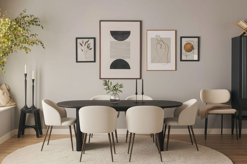 Noira Ovalt Matbord 220 cm med 6 Greya Matstolar med armstöd - Svart / Vit Bouclé / Metallben Valnöt - Möbler - Matplats - Matgrupp & matbord med stolar