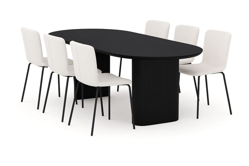 Noira Ovalt Matbord 220 cm med 6 Katy Matstolar, Svart / Vit Bouclé / Metallben Svart