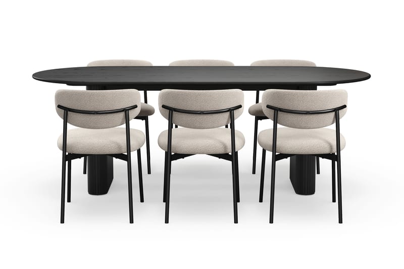 Noira Ovalt Matbord 220 cm med 6 Lucy Matstolar - Svart / Greige Bouclé / Metallben Svart - Möbler - Matplats - Matgrupp & matbord med stolar