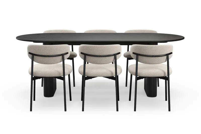 Noira Ovalt Matbord 220 cm med 6 Lucy Matstolar - Svart / Greige Bouclé / Metallben Svart - Möbler - Matplats - Matgrupp & matbord med stolar
