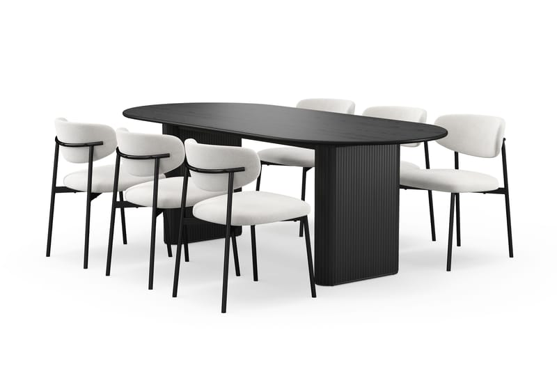 Noira Ovalt Matbord 220 cm med 6 Lucy Matstolar, Svart / Vit Bouclé / Metallben Svart