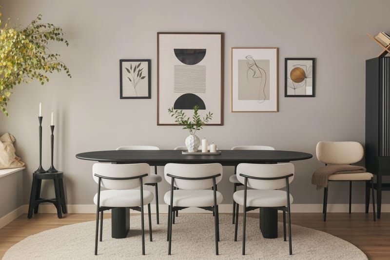 Noira Ovalt Matbord 220 cm med 6 Lucy Matstolar - Svart / Vit Bouclé / Metallben Svart - Möbler - Matplats - Matgrupp & matbord med stolar