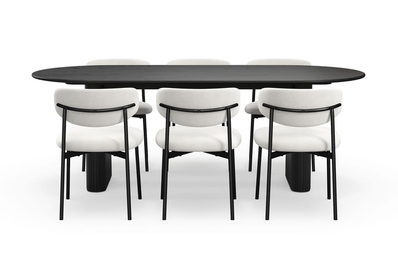 Noira Ovalt Matbord 220 cm med 6 Lucy Matstolar - Svart / Vit Bouclé / Metallben Svart - Möbler - Matplats - Matgrupp & matbord med stolar