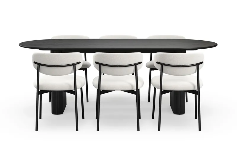 Noira Ovalt Matbord 220 cm med 6 Lucy Matstolar - Svart / Vit Bouclé / Metallben Svart - Möbler - Matplats - Matgrupp & matbord med stolar