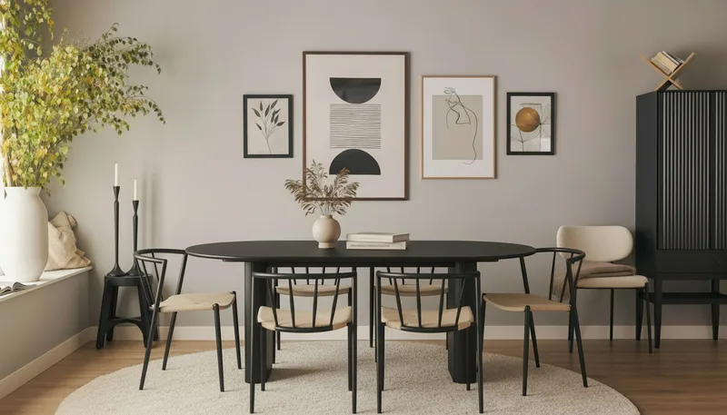 Noira Ovalt Matbord 220 cm med 6 Winston Matstolar - Svart / Beige / Metallben Svart - Möbler - Matplats - Matgrupp & matbord med stolar