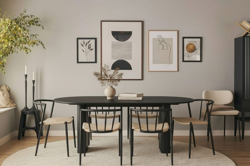 Noira Ovalt Matbord 220 cm med 6 Winston Matstolar - Svart / Beige / Metallben Svart - Möbler - Matplats - Matgrupp & matbord med stolar