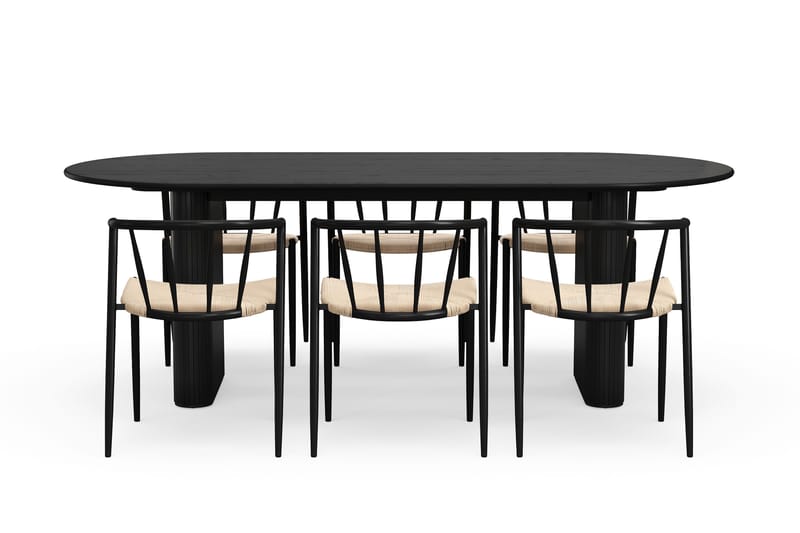 Noira Ovalt Matbord 220 cm med 6 Winston Matstolar - Svart / Beige / Metallben Svart - Möbler - Matplats - Matgrupp & matbord med stolar