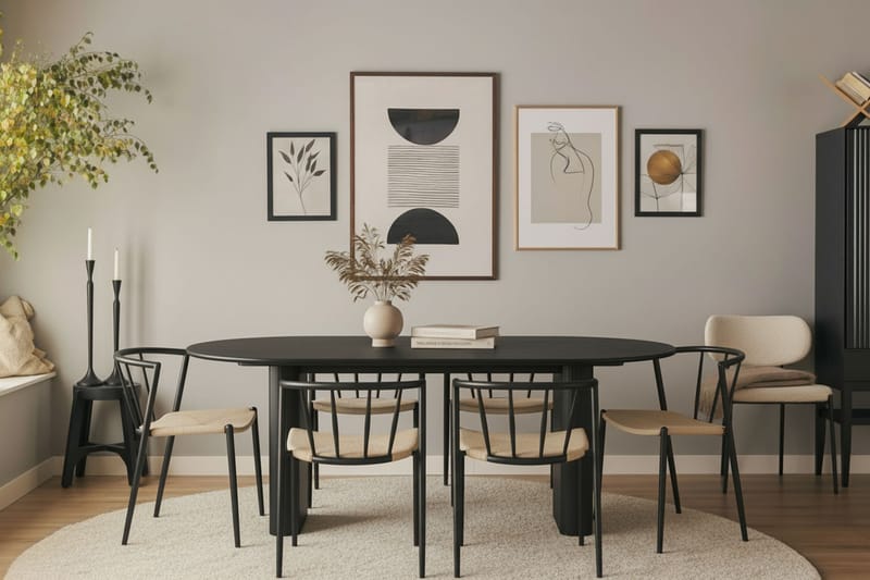 Noira Ovalt Matbord 220 cm med 6 Winston Matstolar - Svart / Beige / Metallben Svart - Möbler - Matplats - Matgrupp & matbord med stolar