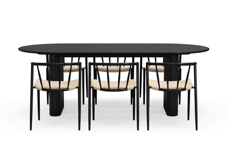 Noira Ovalt Matbord 220 cm med 6 Winston Matstolar - Svart / Beige / Metallben Svart - Möbler - Matplats - Matgrupp & matbord med stolar
