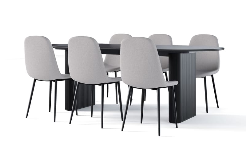Noira Ovalt Matbord 220 cm Svart +  6 st Nibe stol grå med svarta ben, Svart/Grå