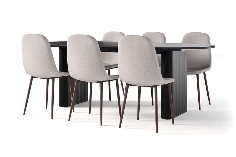 Noira Ovalt Matbord 220 cm Svart +  6 st Nibe stol grå med valnöt ben, Svart/Grå