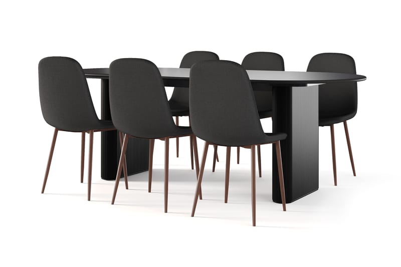 Noira Ovalt Matbord 220 cm Svart +  6 st Nibe stol svart med valnöt ben, Svart