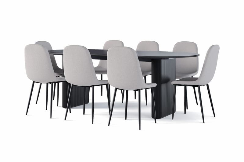 Noira Ovalt Matbord 220 cm Svart +  8 st Nibe stol grå med svarta ben, Svart/Grå