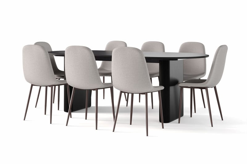 Noira Ovalt Matbord 220 cm Svart +  8 st Nibe stol grå med valnöt ben - Svart/Grå - Möbler - Matplats - Matgrupp & matbord med stolar