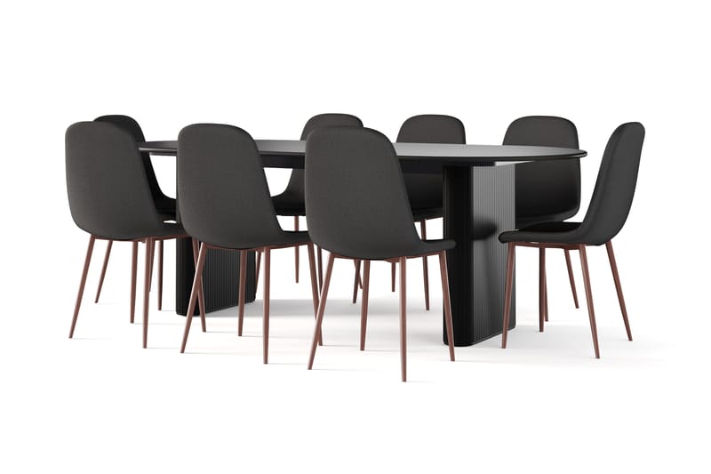 Noira Ovalt Matbord 220 cm Svart +  8 st Nibe stol svart med valnöt ben - Svart - Möbler - Matplats - Matgrupp & matbord med stolar