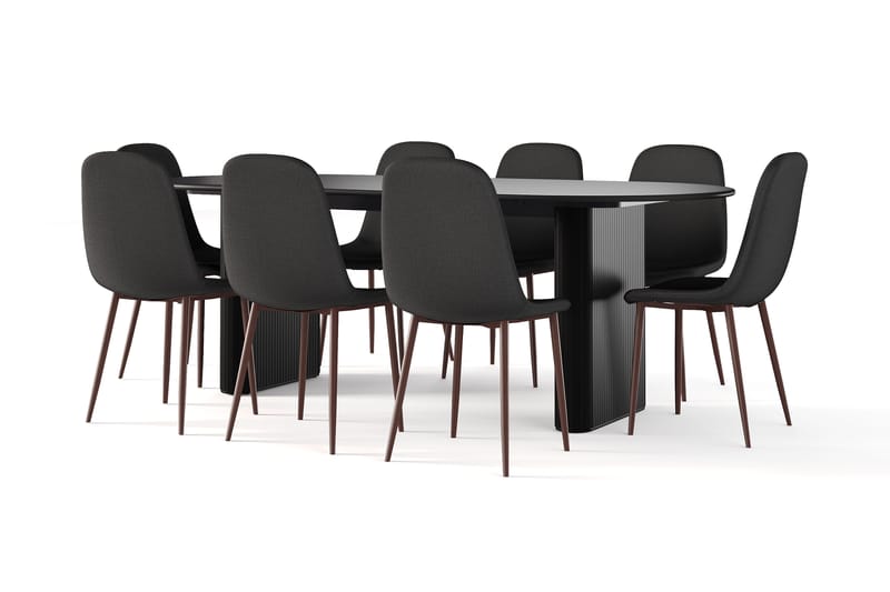 Noira Ovalt Matbord 220 cm Svart +  8 st Nibe stol svart med valnöt ben, Svart