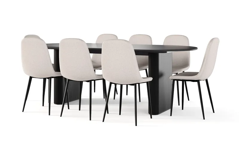 Noira Ovalt Matbord 220 cm Svart +  8 st Nibe stol beige med svarta ben - Svart/Beige - Möbler - Matplats - Matgrupp & matbord med stolar