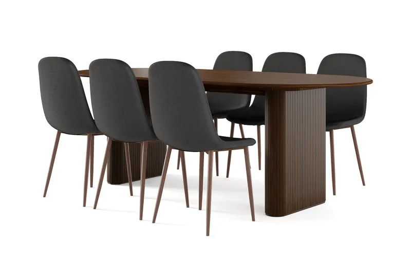 Noira Ovalt Matbord 220 cm Valnöt +  6 st Nibe stol svart med valnöt ben, Brun/Svart