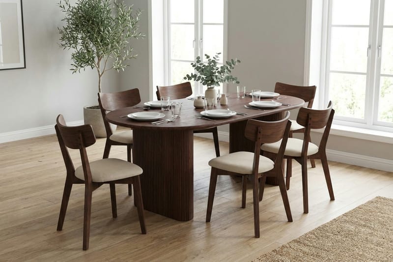 Noira Rektangulär Matgrupp 220 cm – Matbord med 6 Amelia Matstolar i Trä med Valnötsutseende - Brun - Möbler - Matplats - Matgrupp & matbord med stolar