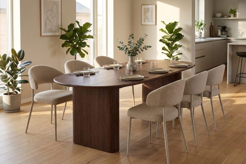 Noira Rektangulär Matgrupp 220 cm – Matbord med Valnötsutseende och 6 Klädda Sawako Matstolar - Brun|Beige - Möbler - Matplats - Matgrupp & matbord med stolar