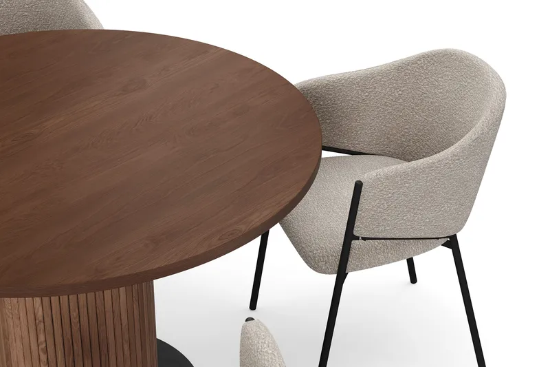 Noira Runt Litet Matbord Massiv Valnöt 120 cm med 4 Filip Matstolar - Brun / Taupe Bouclé - Möbler - Matplats - Matgrupp & matbord med stolar