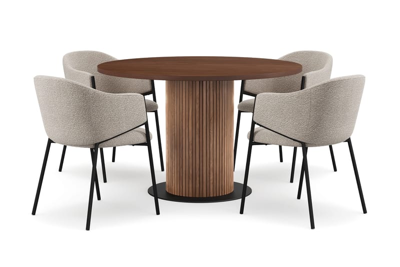 Noira Runt Litet Matbord Massiv Valnöt 120 cm med 4 Filip Matstolar, Brun / Taupe Bouclé