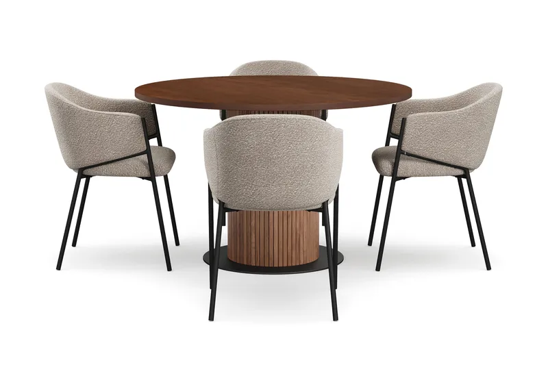 Noira Runt Litet Matbord Massiv Valnöt 120 cm med 4 Filip Matstolar - Brun / Taupe Bouclé - Möbler - Matplats - Matgrupp & matbord med stolar