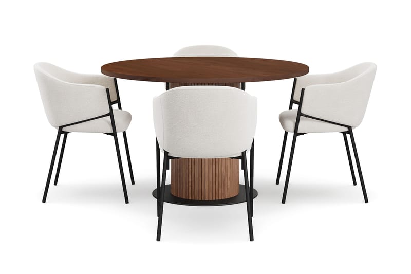 Noira Runt Litet Matbord Massiv Valnöt 120 cm med 4 Filip Matstolar - Brun / Vit Bouclé - Möbler - Matplats - Matgrupp & matbord med stolar