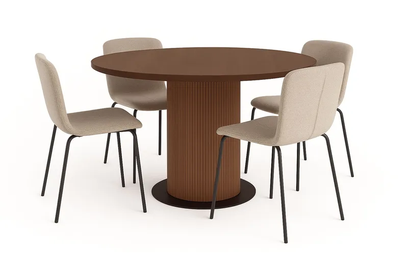 Noira Runt Litet Matbord Massiv Valnöt 120 cm med 4 Katy Matstolar, Brun / Greige Bouclé / Metallben Svart