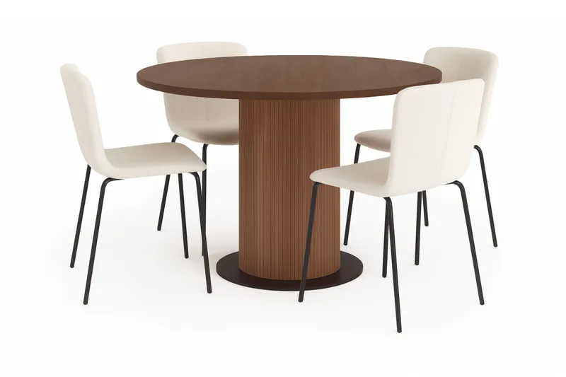 Noira Runt Litet Matbord Massiv Valnöt 120 cm med 4 Katy Matstolar - Brun / Vit Bouclé / Metallben Svart - Möbler - Matplats - Matgrupp & matbord med stolar