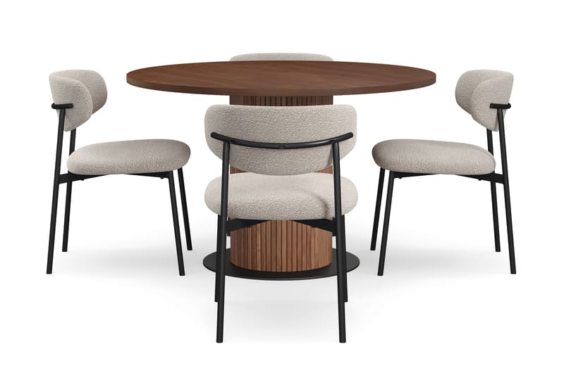 Noira Runt Litet Matbord Massiv Valnöt 120 cm med 4 Lucy Matstolar - Brun / Greige Bouclé / Metallben Svart - Möbler - Matplats - Matgrupp & matbord med stolar