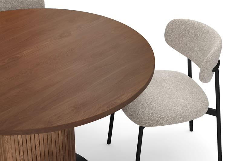Noira Runt Litet Matbord Massiv Valnöt 120 cm med 4 Lucy Matstolar - Brun / Greige Bouclé / Metallben Svart - Möbler - Matplats - Matgrupp & matbord med stolar