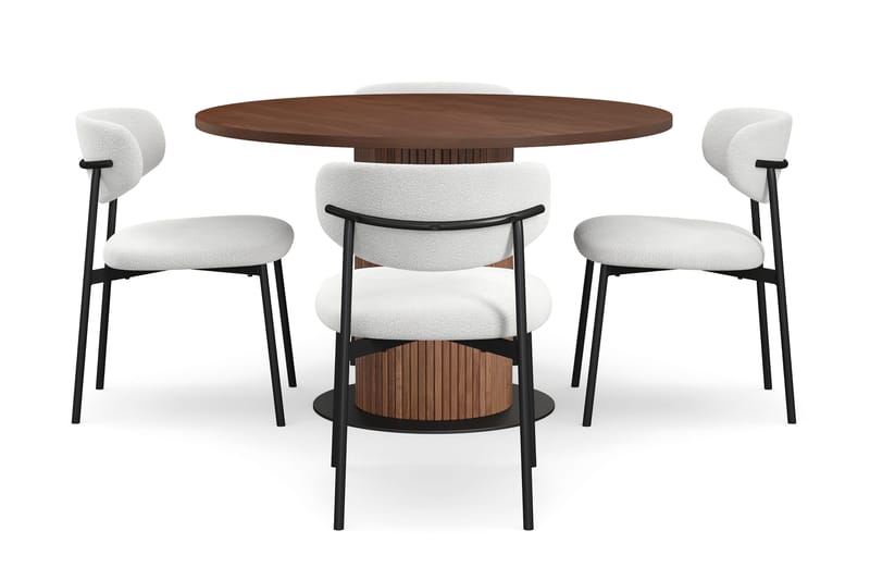 Noira Runt Litet Matbord Massiv Valnöt 120 cm med 4 Lucy Matstolar - Brun / Vit Bouclé / Metallben Svart - Möbler - Matplats - Matgrupp & matbord med stolar