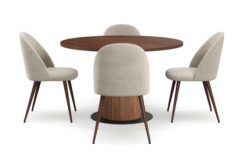 Noira Runt Litet Matbord Massiv Valnöt 120 cm med 4 Nibe Plus Matstolar - Brun / Greige Bouclé / Metallben Valnöt - Möbler - Matplats - Matgrupp & matbord med stolar