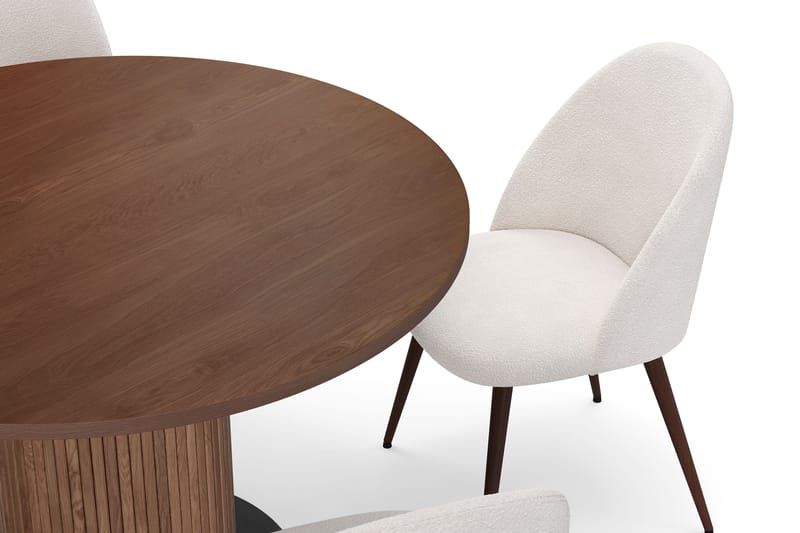 Noira Runt Litet Matbord Massiv Valnöt 120 cm med 4 Nibe Plus Matstolar - Brun / Vit Bouclé / Metallben Valnöt - Möbler - Matplats - Matgrupp & matbord med stolar