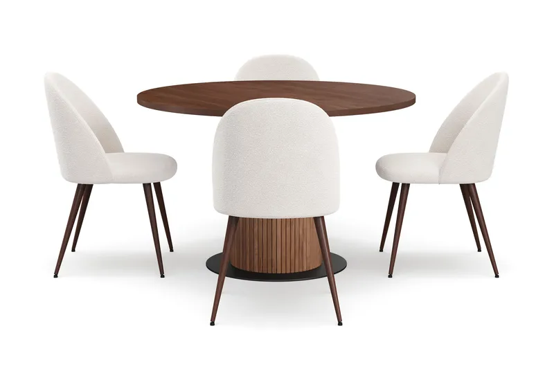 Noira Runt Litet Matbord Massiv Valnöt 120 cm med 4 Nibe Plus Matstolar - Brun / Vit Bouclé / Metallben Valnöt - Möbler - Matplats - Matgrupp & matbord med stolar