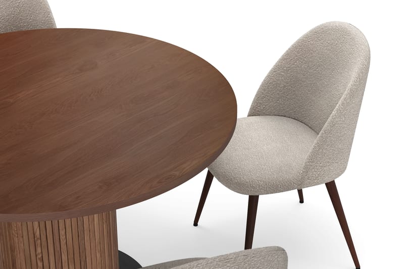 Noira Runt Litet Matbord Massiv Valnöt 120 cm med 4 Nibe Plus Matstolar - Brun / Greige Bouclé / Metallben Valnöt - Möbler - Matplats - Matgrupp & matbord med stolar