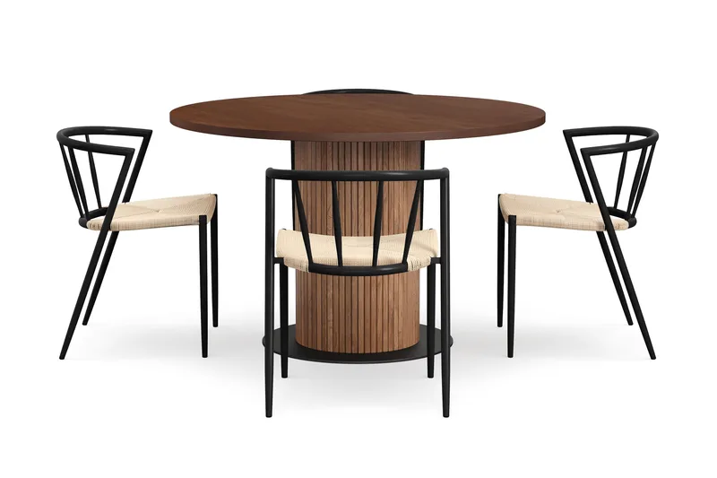Noira Runt Litet Matbord Massiv Valnöt 120 cm med 4 Winston Matstolar - Brun / Beige / Metallben Svart - Möbler - Matplats - Matgrupp & matbord med stolar