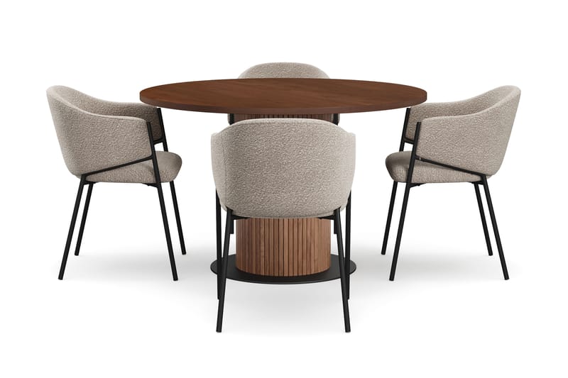 Noira Runt Litet Matbord Valnöt 120 cm med 4 Filip Matstolar - Brun / Taupe Bouclé - Möbler - Matplats - Matgrupp & matbord med stolar