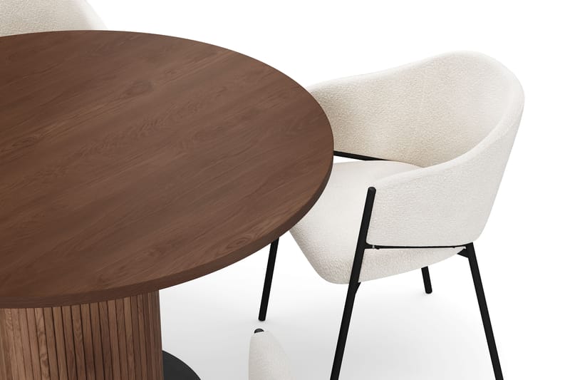 Noira Runt Litet Matbord Valnöt 120 cm med 4 Filip Matstolar - Brun / Vit Bouclé - Möbler - Matplats - Matgrupp & matbord med stolar