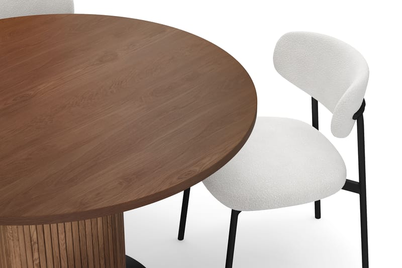 Noira Runt Litet Matbord Valnöt 120 cm med 4 Lucy Matstolar - Brun / Vit Bouclé / Metallben Svart - Möbler - Matplats - Matgrupp & matbord med stolar